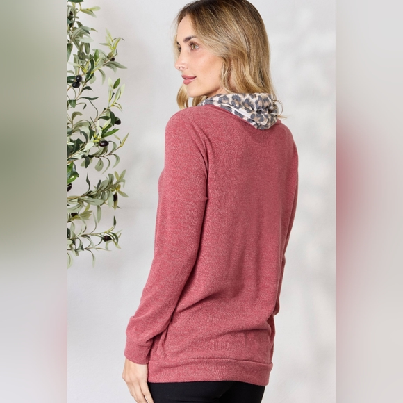 BiBi Designer Marsala Cowl Neck Leopard Drawstring Long Sleeve Top - Picture 3 of 6